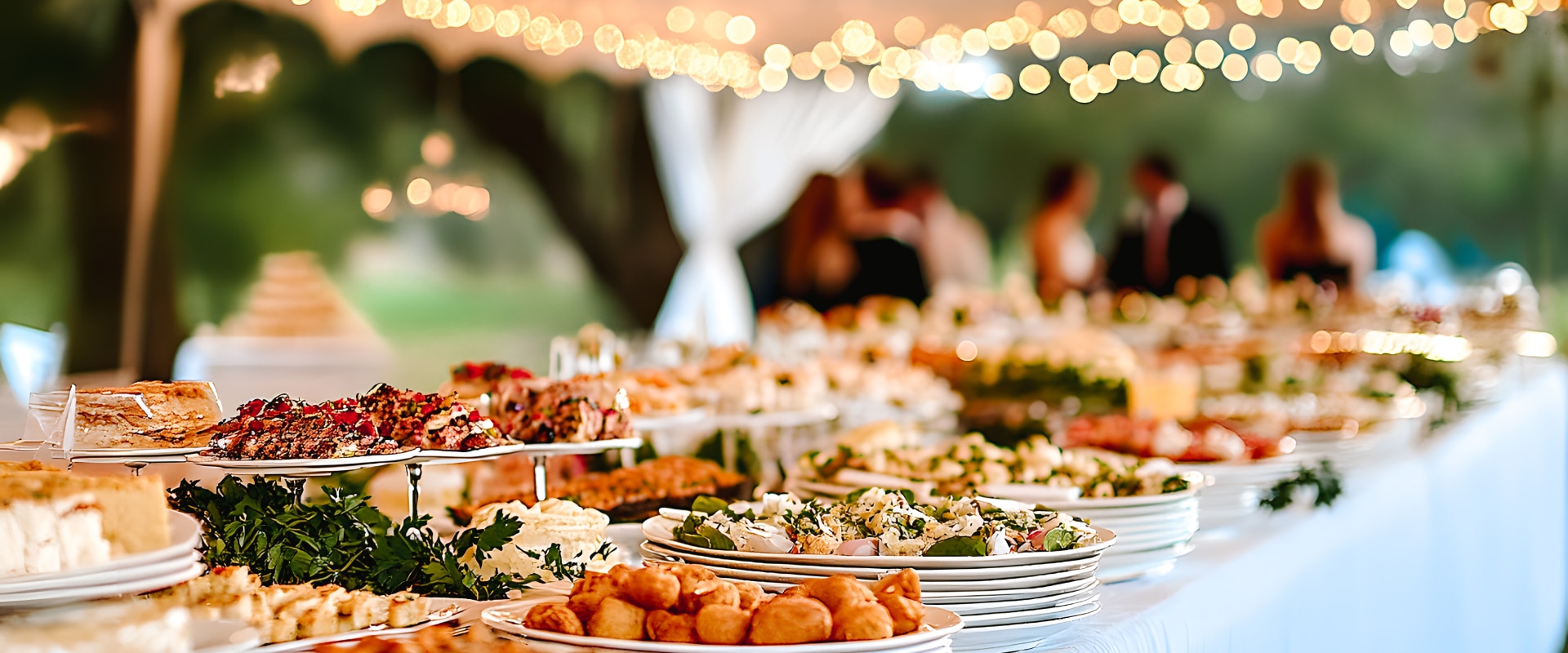 Buffet de mariage raffiné en plein air avec amuses-bouches variés sous des guirlandes lumineuses festives.
