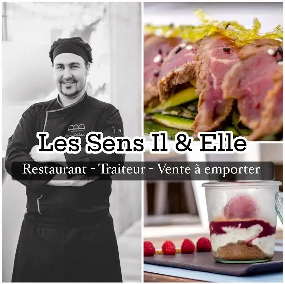 Portrait du chef du restaurant Les Sens Il & Elle avec plats gastronomiques.