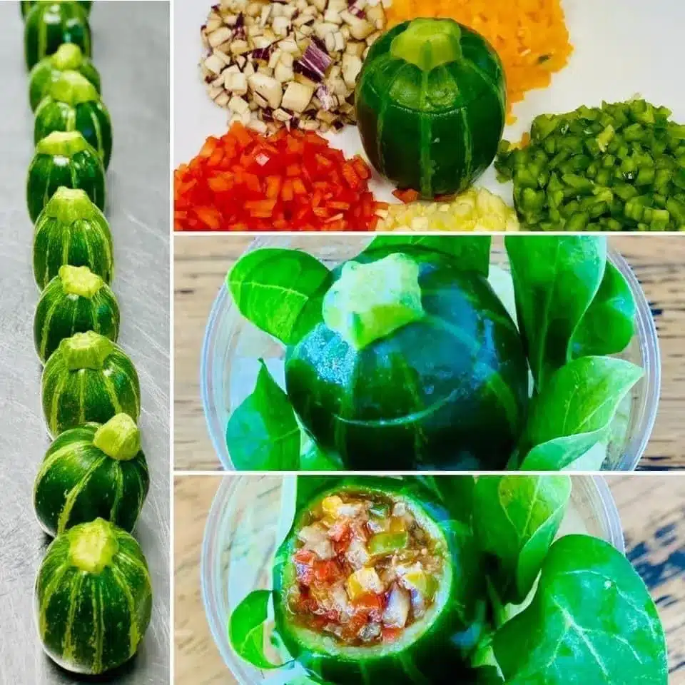 Courgettes rondes farcies aux légumes, servies avec jeunes pousses.