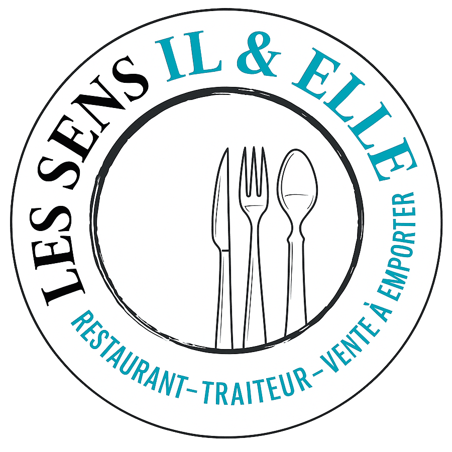 Logo Les Sens Il & Elle, rond, rouge et blanc, avec fourchette, couteau, cuillère. Restaurant, traiteur, vente à emporter.