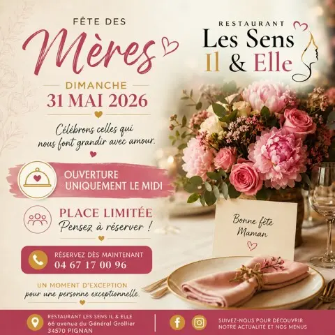 Menu Fête des Mères 2026, Restaurant Les Sens Il & Elle à Pignan. Décoration florale rose et table de fête élégante.